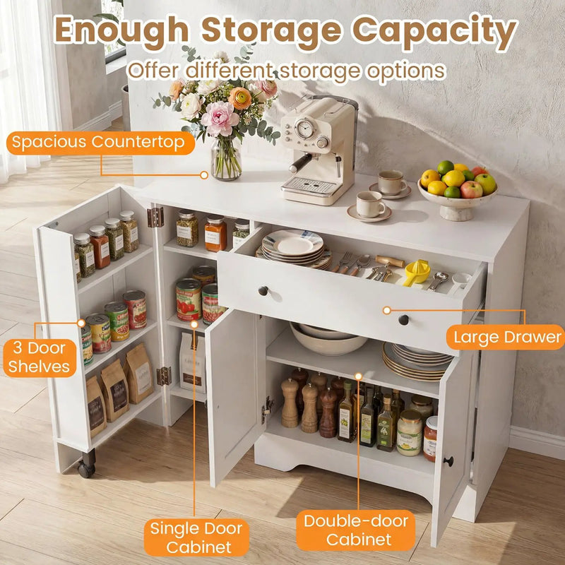 Coffee Bar Cabinet with Rolling Wheels and 3 Doors - 41.5" by DirectDeals