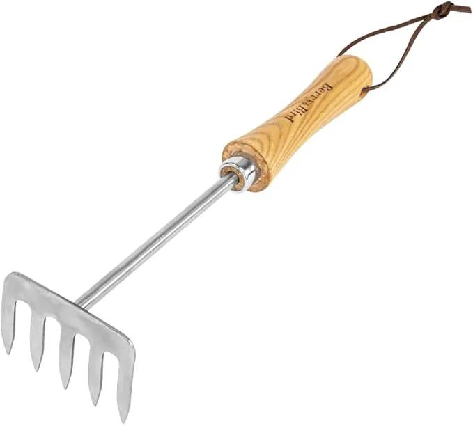 Berry&Bird Premium Hand Rake for Gardening, 5 Tines Hand Tiller Hand Cultivator Small Rake Garden Tool with Wood Handle, Ideal Garden Hand Tools for Digging, Aerating, Weeding and Loosening Soil by GreenHaven Gardens