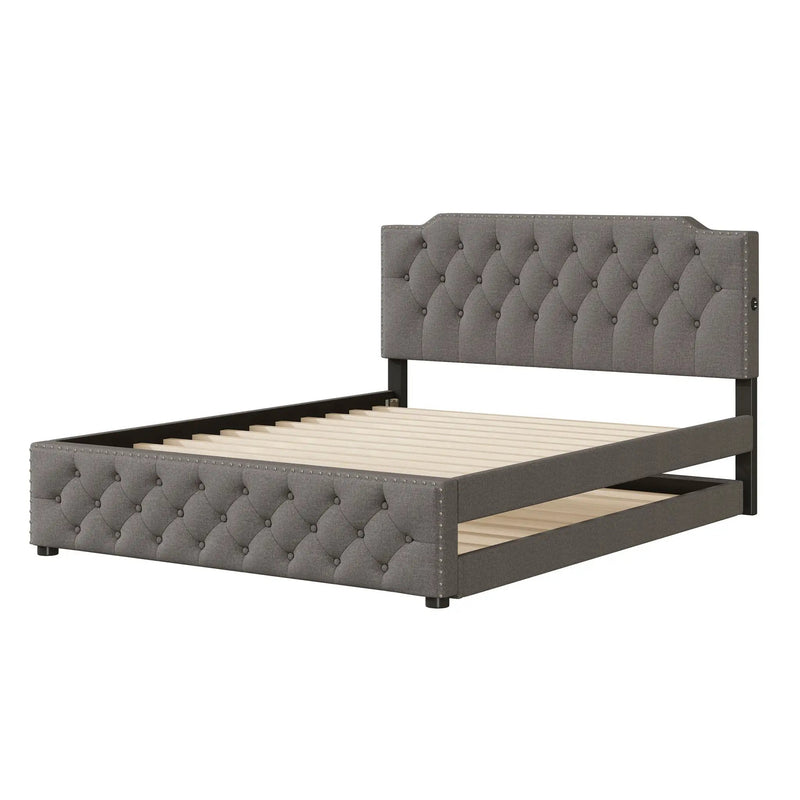 Upholstered Platform Bed With Trundle And 2 Sets Of USB Ports On Each Side, Fabric by HouseOfZazla