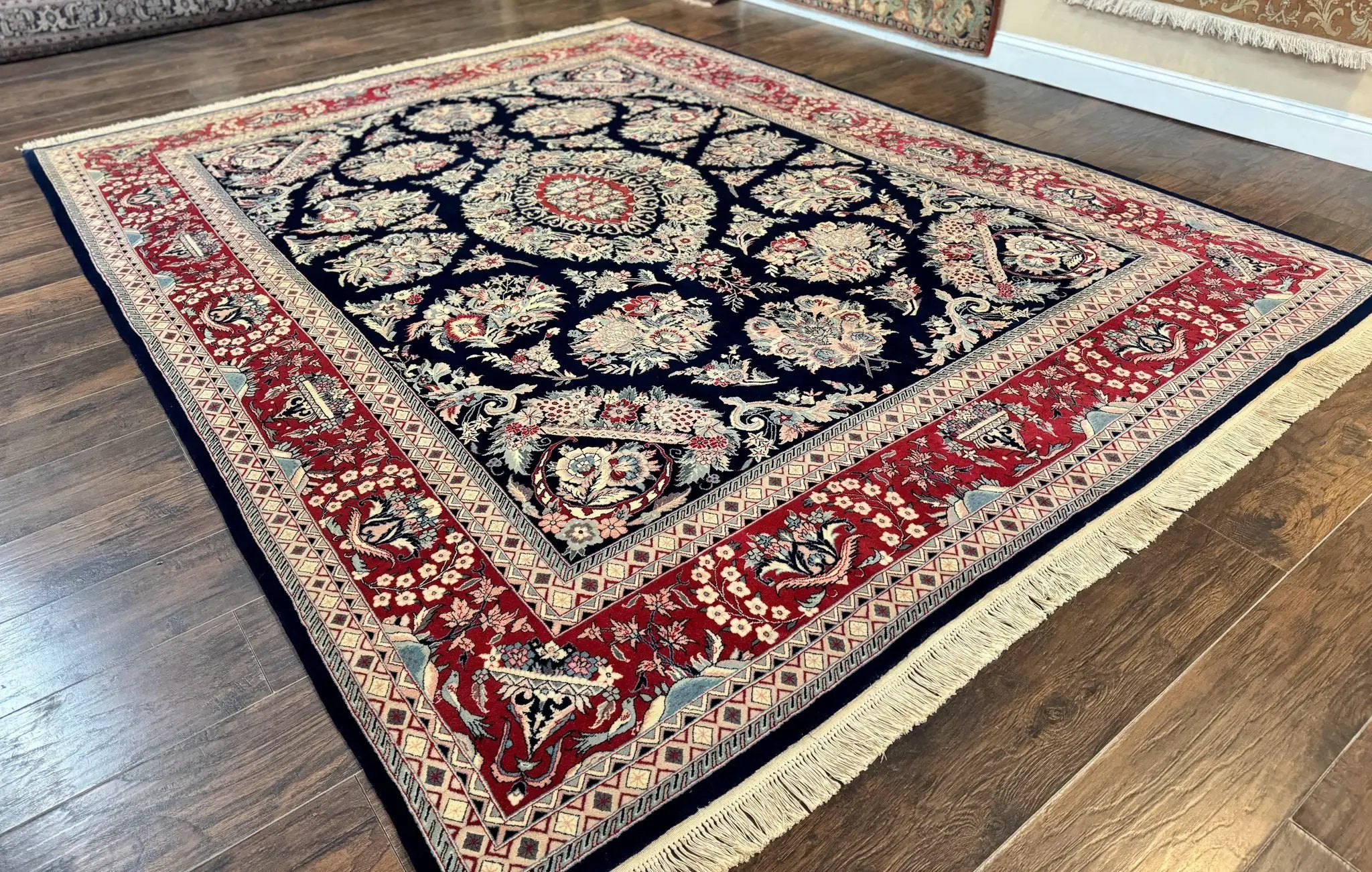 Sino Persian Rug 8x10, Floral Kirman Carpet, Navy Blue and Red, Floral Vases, Handmade Vintage Wool Carpet, 320 KPSI by Jewel Rugs