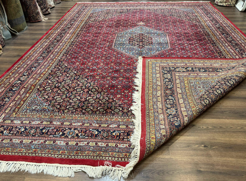 Indo Persian Bidjar Rug 10x14, Red and Dark Blue, Herati Mahi Pattern, Vintage by Jewel Rugs