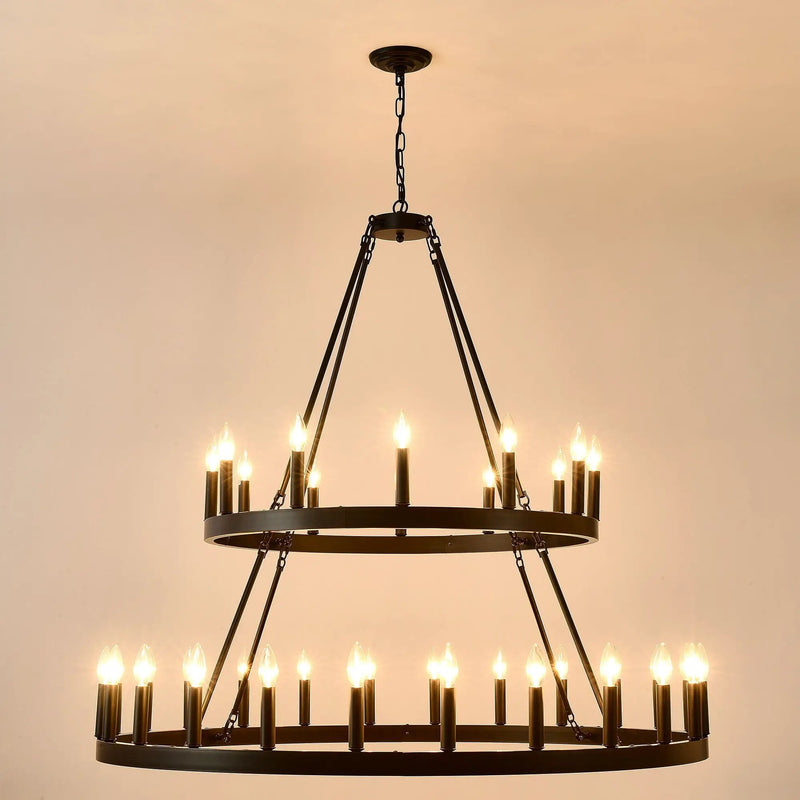 2 Tiers Wagon Wheel Chandelier Wooden Farmhouse 36 Light (24 / 12) Or (12 / 24) Metal Chandeliers 2 Story Light Fixtures Industrial For High Ceiling Living Dining Room Foyer, Adjustable Height - Black by HouseOfZazla