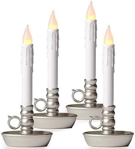 Plow & Hearth Set of 4 AA Battery Operated Window LED Candle Lamps | Auto Timer | Long Lasting Bulbs Never Need Replacing | Holiday Lights | Pewter Base | 9 1/2 H by GreenHaven Gardens