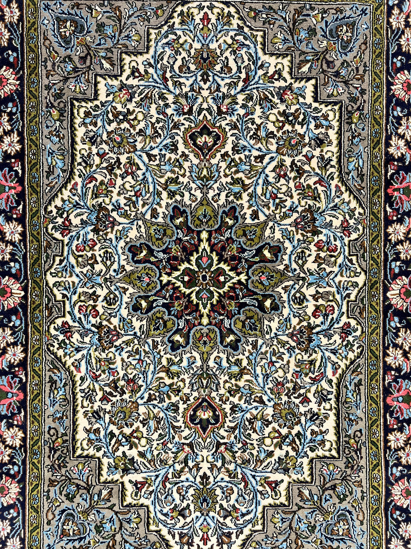 Persian Qum Rug 3x5, Wool with Silk Highlights, Handmade Semi Antique Carpet, Ivory & Navy Blue, Floral Medallion, Finely Hand Knotted by Jewel Rugs
