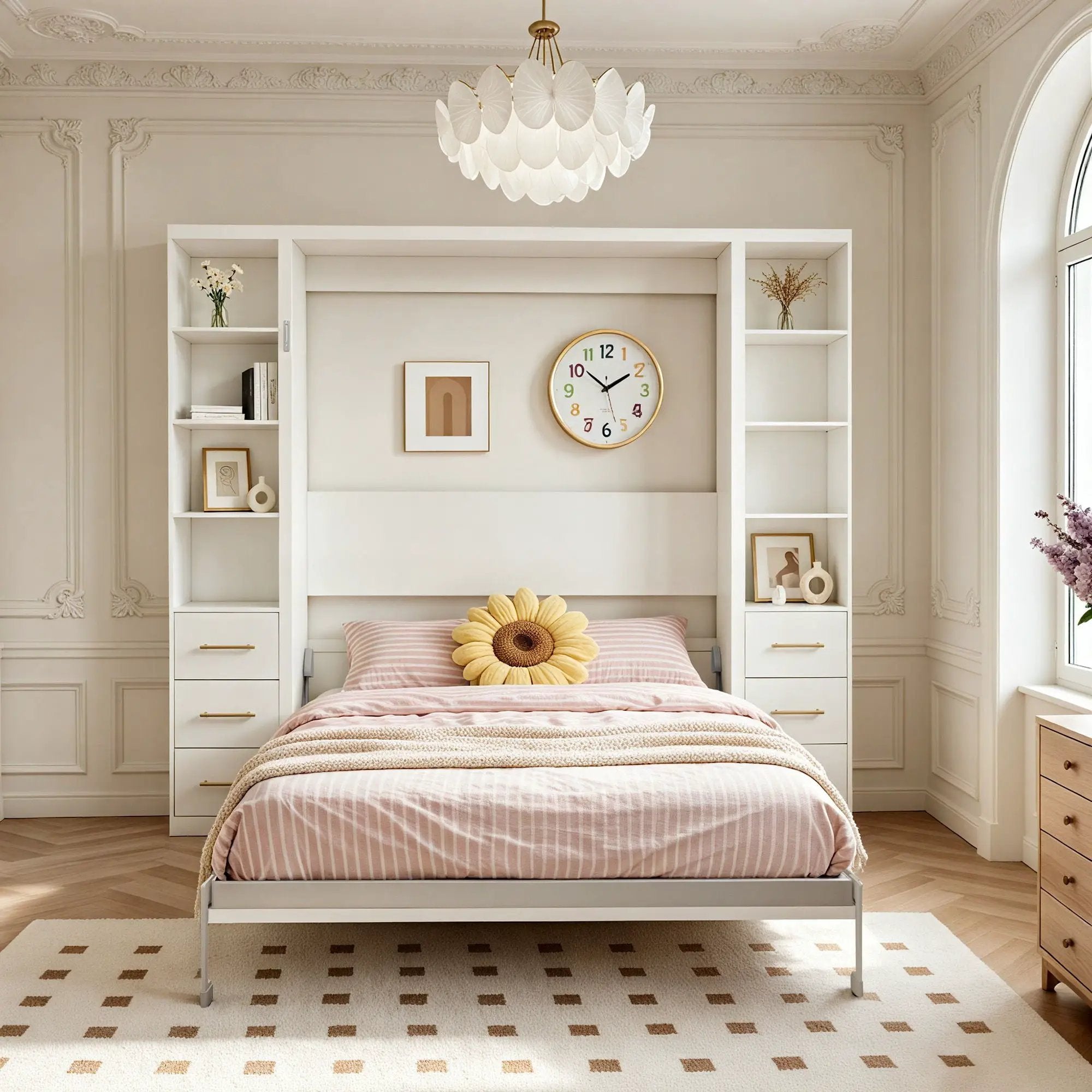 Queen Size Murphy Wall Bed With Side Storage Cabinets - White by HouseOfZazla