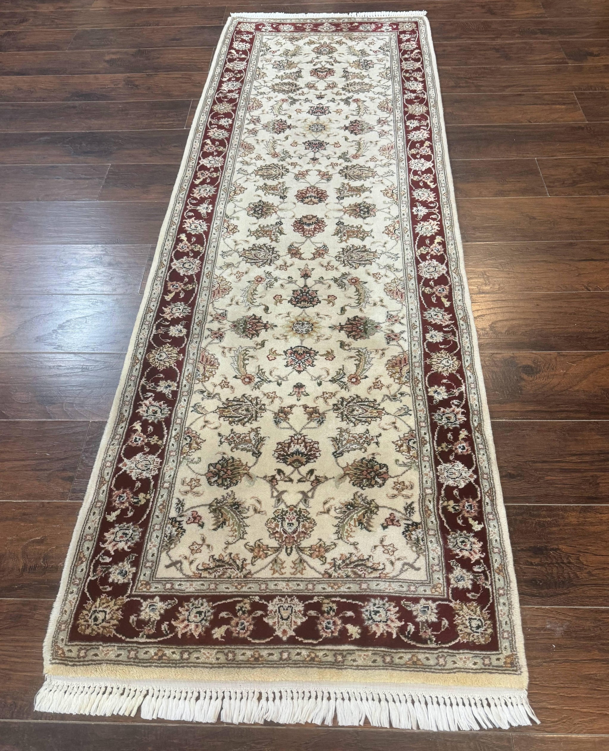 Pak Persian Runner Rug 2.8 x 8, Handmade Vintage Carpet, Beige and Maroon, Wool and Silk Highlights by Jewel Rugs