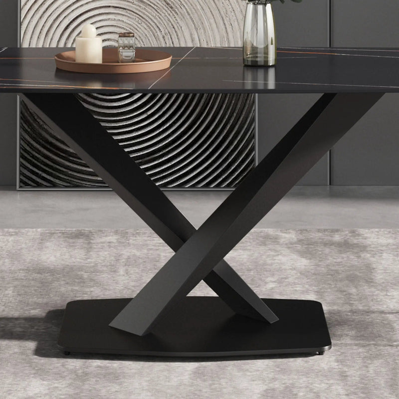 63" Artificial Stone Black Curved Black Metal Leg Dining Table - Black by HouseOfZazla
