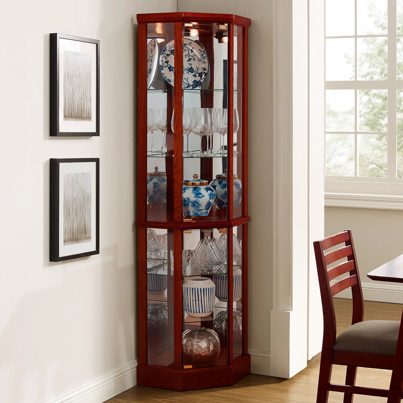 6 Shelf Lighted Corner Curio Cabinet With Adjustable Tempered Glass Shelves And Mirror Back (E26 Light Bulb Not Included) by Unique Piece Furniture