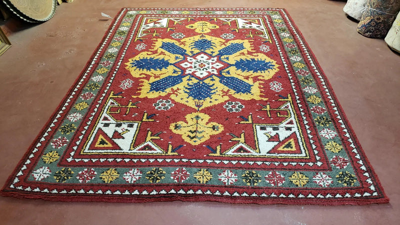 Colorful Moroccan Heriz Rug 6x9, Large Central Medallion, Red Yellow Blue by Jewel Rugs