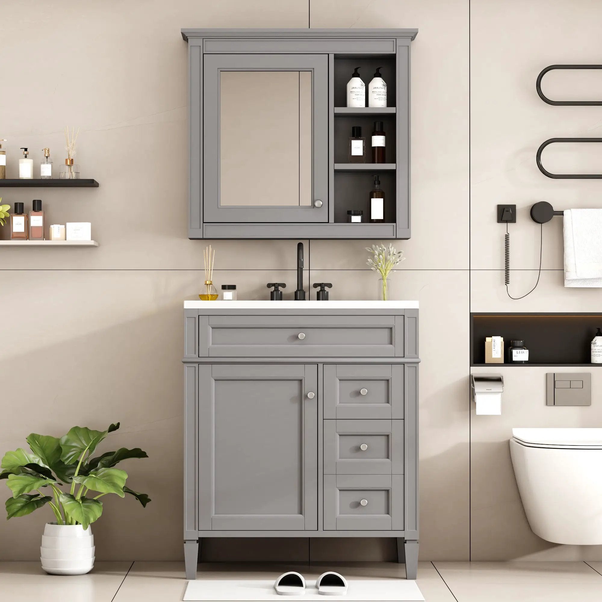 Bathroom Vanity With Top Sink, Freestanding Storage Cabinet With 2 Doors And 3 Drawers, Mirror Cabinet Included - Gray by Unique Piece Furniture