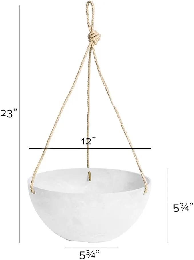 Root & Vessel Self Watering Hanging Planter for Indoor or Outdoor Plants, Unique Marbled Hanging Basket Made of Eco-Friendly Blend of Stone & Plastic, White, 12" by GreenHaven Gardens