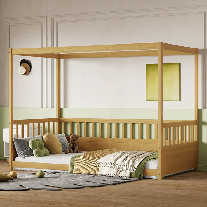Twin Size Canopy Bed Frame with Guardrails for Kids by HouseOfZazla