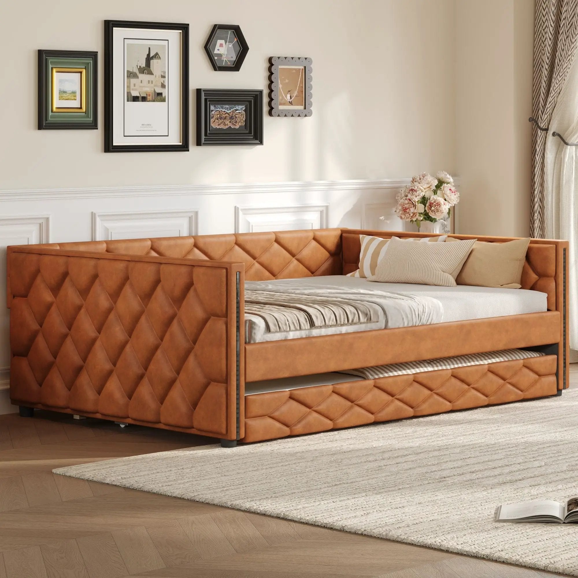 Upholstered Full Long Daybed With Trundle And LED Armrests - Brown by Unique Piece Furniture