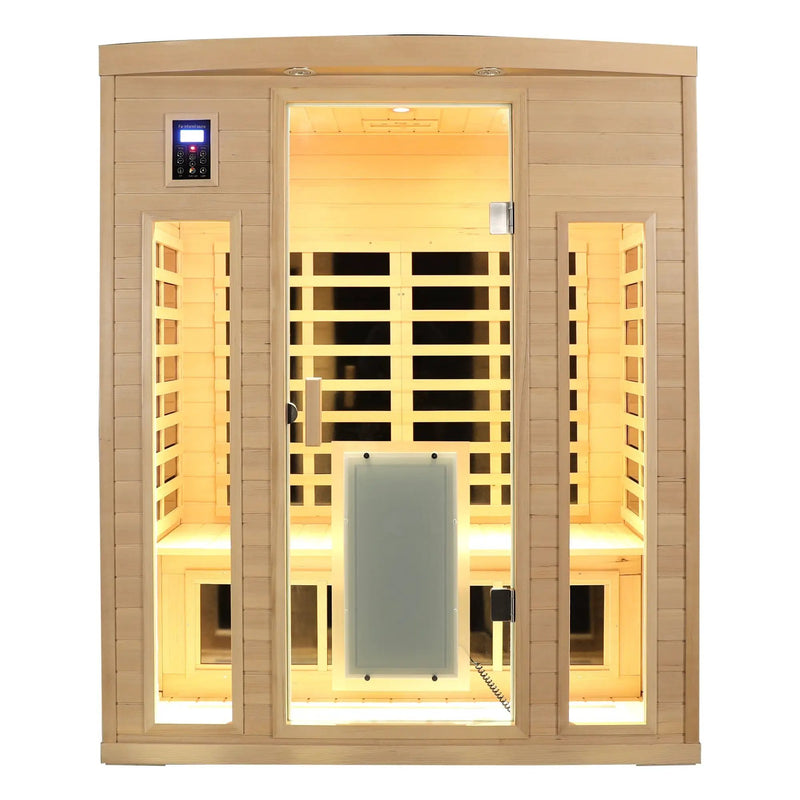 Low EMF, There is also a heating plate on the glass door, Hemlock wood Far-infrared indoor Three person sauna room by HouseOfZazla