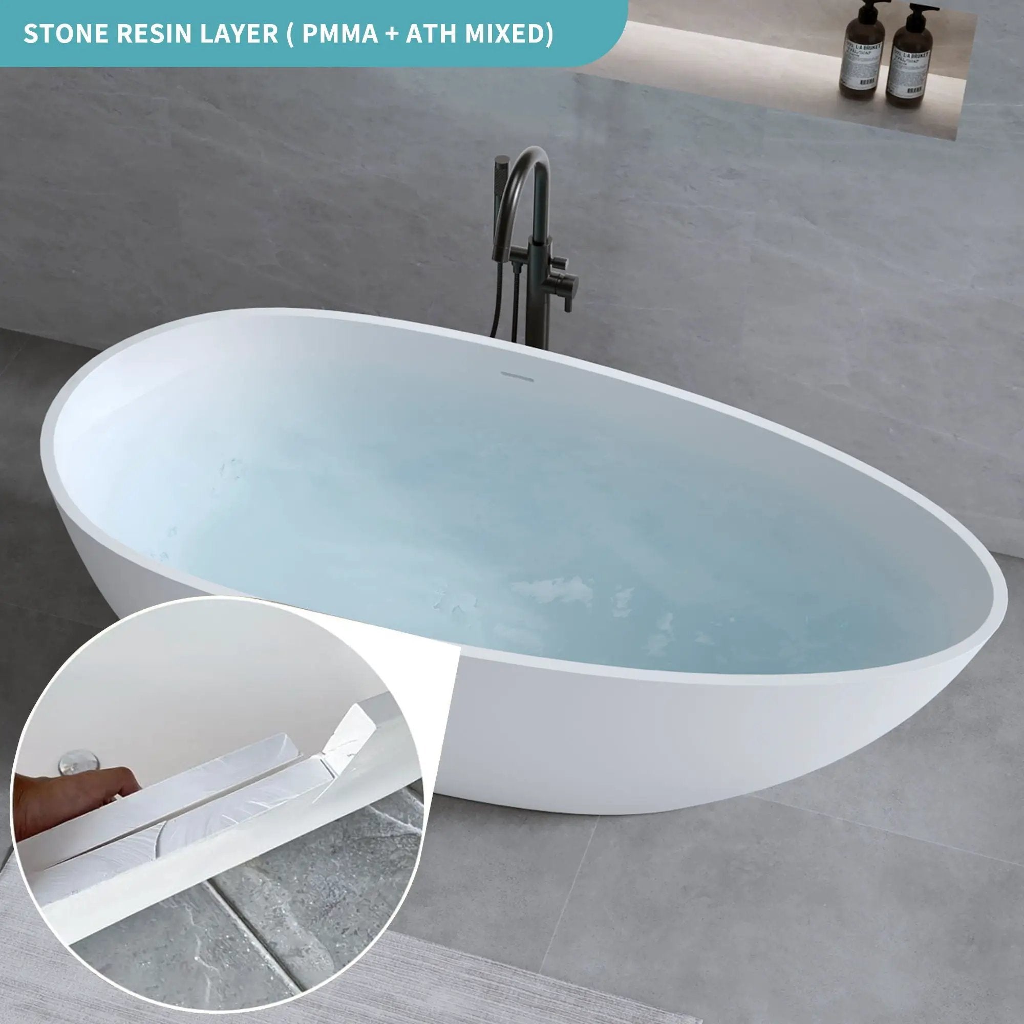 Solid Surface Matte Tub, Freestanding Solid Surface Resin Stone Bathtub, Solid Surface Matte White Soaking Tub, Free Standing Tub With Overflow And Pop-Up Drain - Matte White by HouseOfZazla