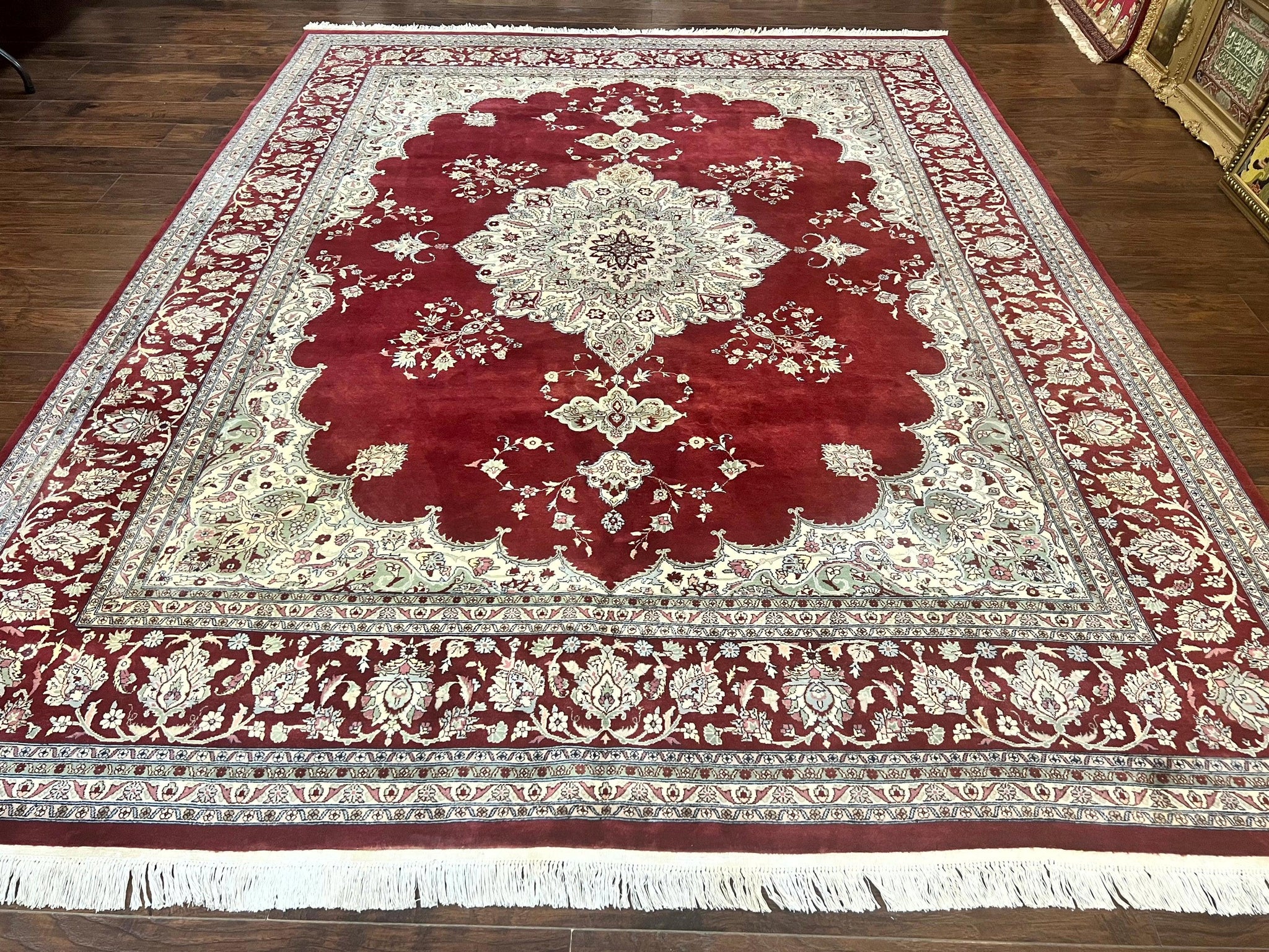 Pak Persian Rug 9x12, Handmade Vintage Traditional Wool Carpet, Floral Medallion, Dark Red Ivory/Cream, Fine 250 KPSI by Jewel Rugs