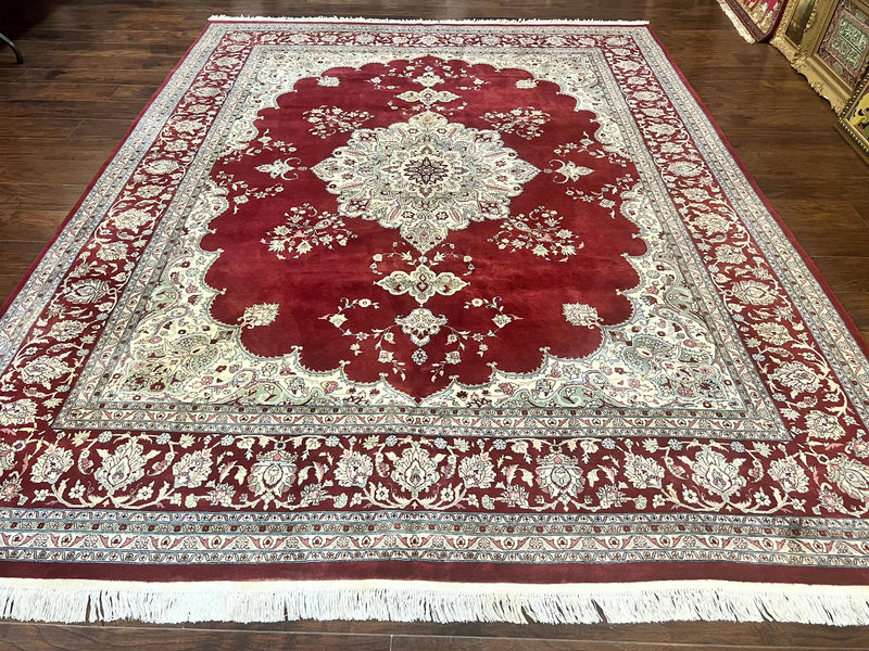 Pak Persian Rug 9x12, Handmade Vintage Traditional Wool Carpet, Floral Medallion, Dark Red Ivory/Cream, Fine 250 KPSI by Jewel Rugs