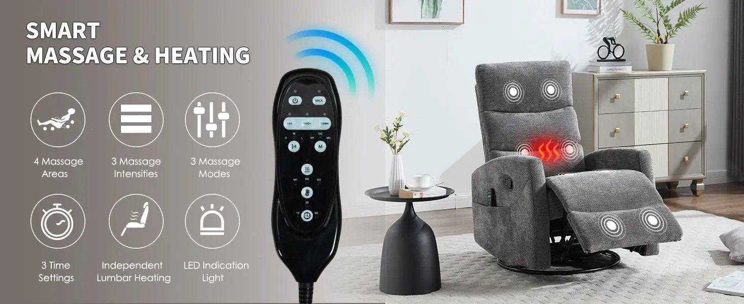Heat Massage Manual Recliner Chair with Rocker and Swivel in Fabric by HouseOfZazla