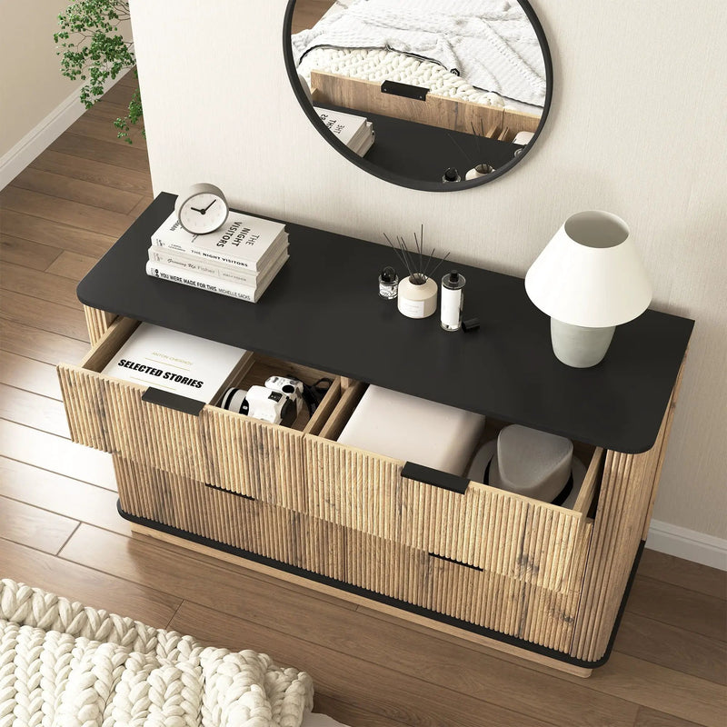Modern 6 Drawer Cabinet With Metal Rounded Corners And Exquisite Handles Multi Functional Storage - Natural Wood by Unique Piece Furniture