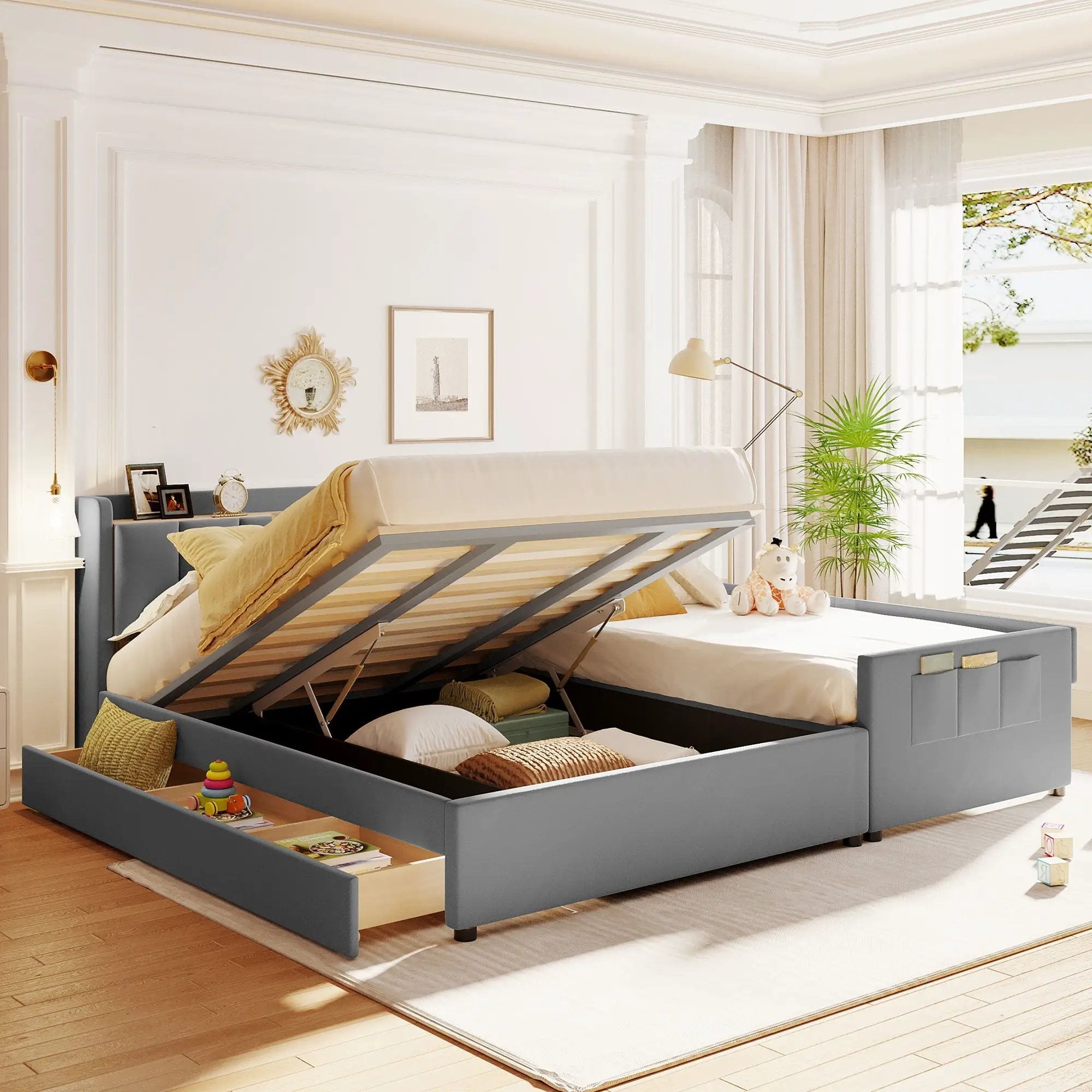 Upholstered Mother & Child Bed With Hydraulic Storage System, Drawer Box, Bedhead Storage Shelf And 2 Pairs Of Sockets & USB Ports by Unique Piece Furniture