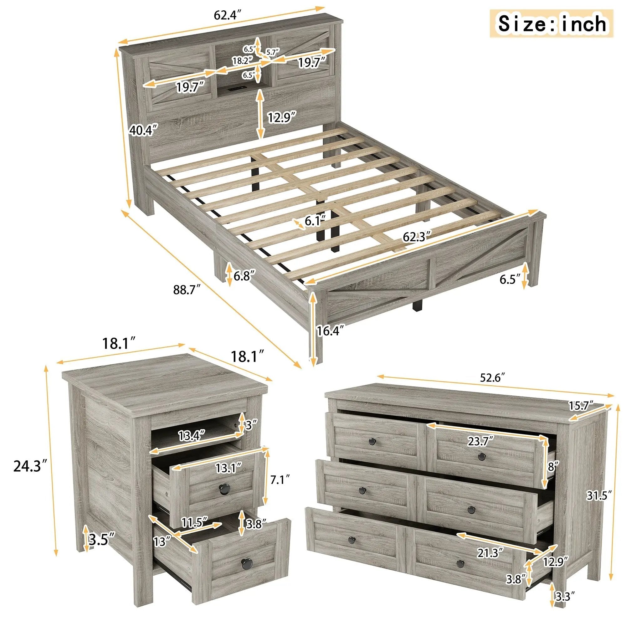3-Pieces Bedroom Set Queen Size Farmhouse Platform Bed with Storage Headboard and Charging Station by HouseOfZazla