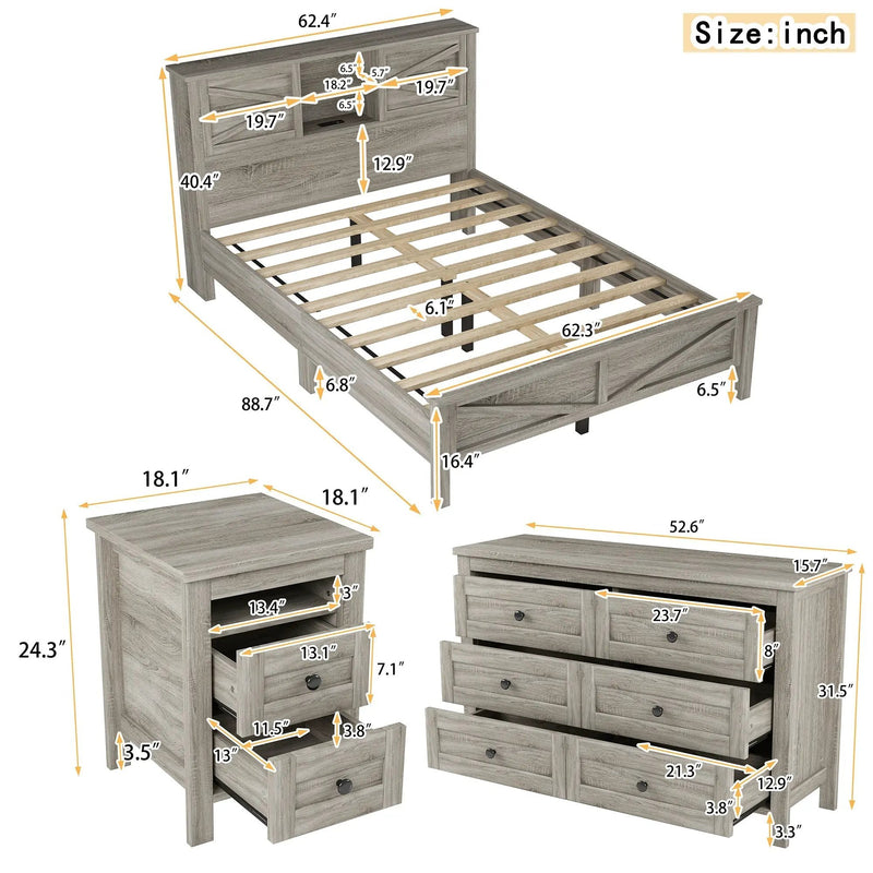 3-Pieces Bedroom Set Queen Size Farmhouse Platform Bed with Storage Headboard and Charging Station by HouseOfZazla