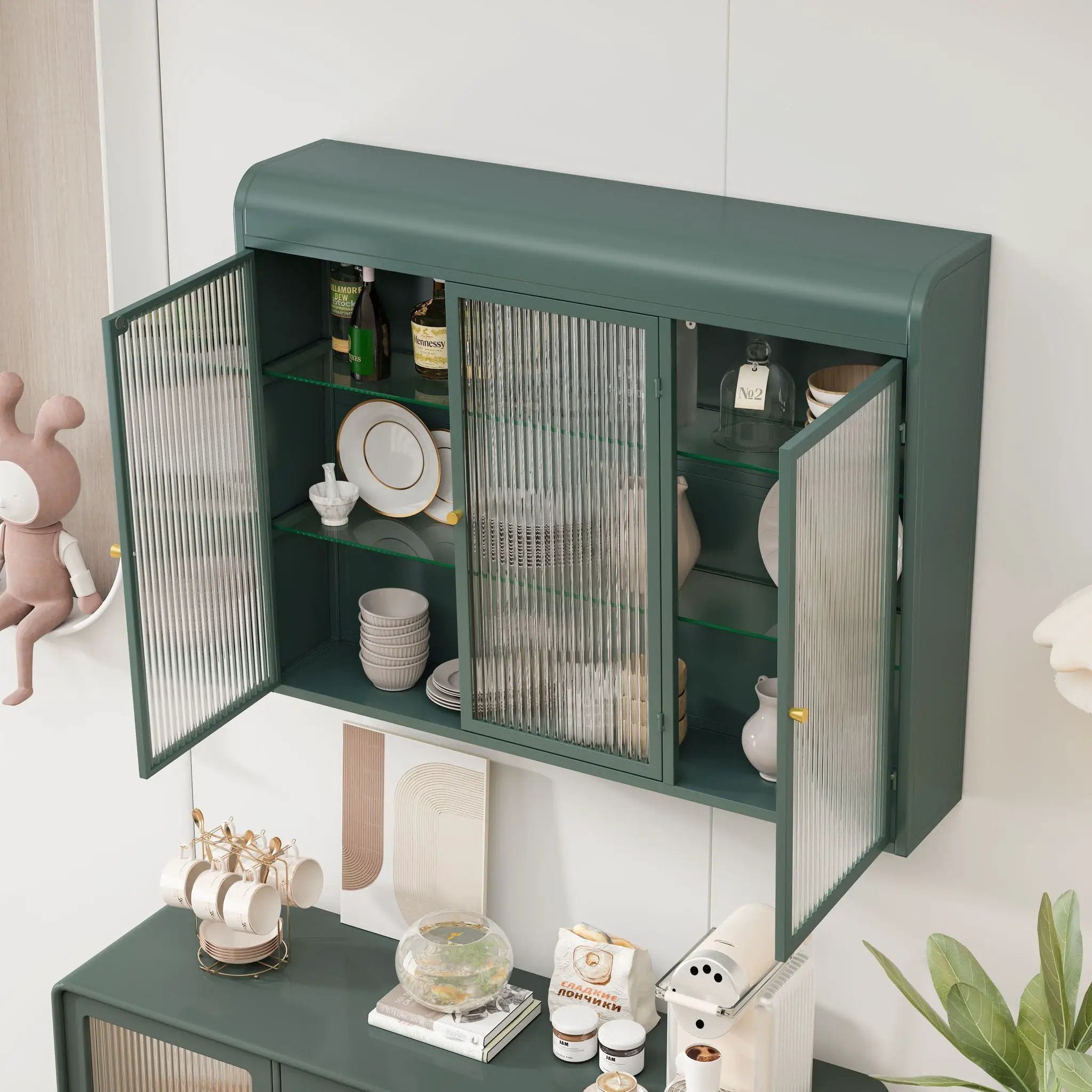 Arched Wall Mounted Cabinet, 3 Door Storage For Kitchen - Dark Green by Unique Piece Furniture