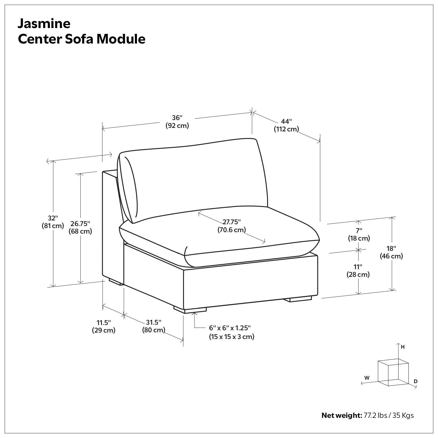 Jasmine - Center Sofa Module - Gray by HouseOfZazla
