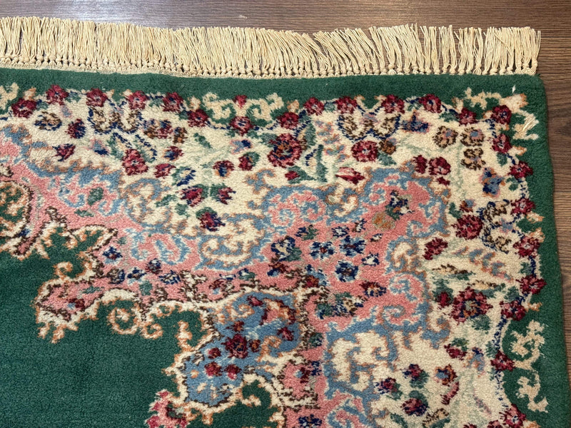 Persian Kerman Rug 4x6, Green Ivory Pink, Wool Vintage, Semi Open Field by Jewel Rugs
