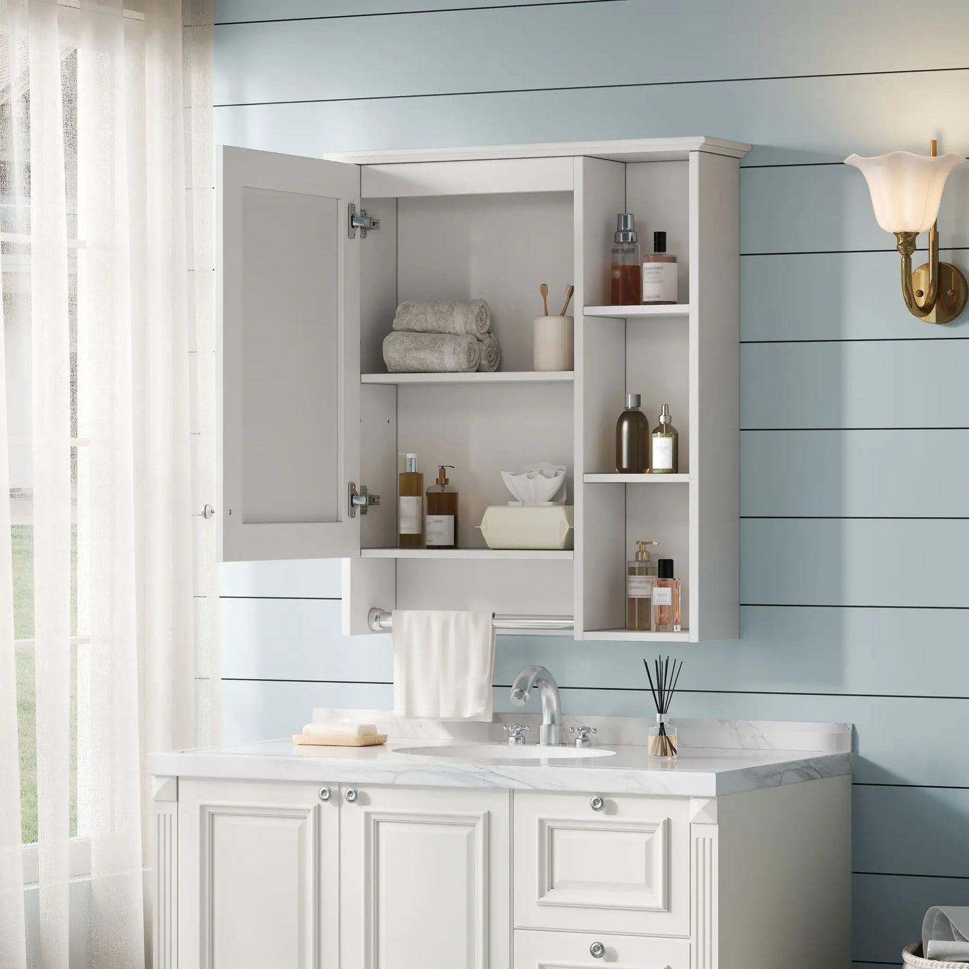 Modern 3 In 1 Bathroom Mirror Cabinet With Adjustable Shelf & Towel Bar by Unique Piece Furniture