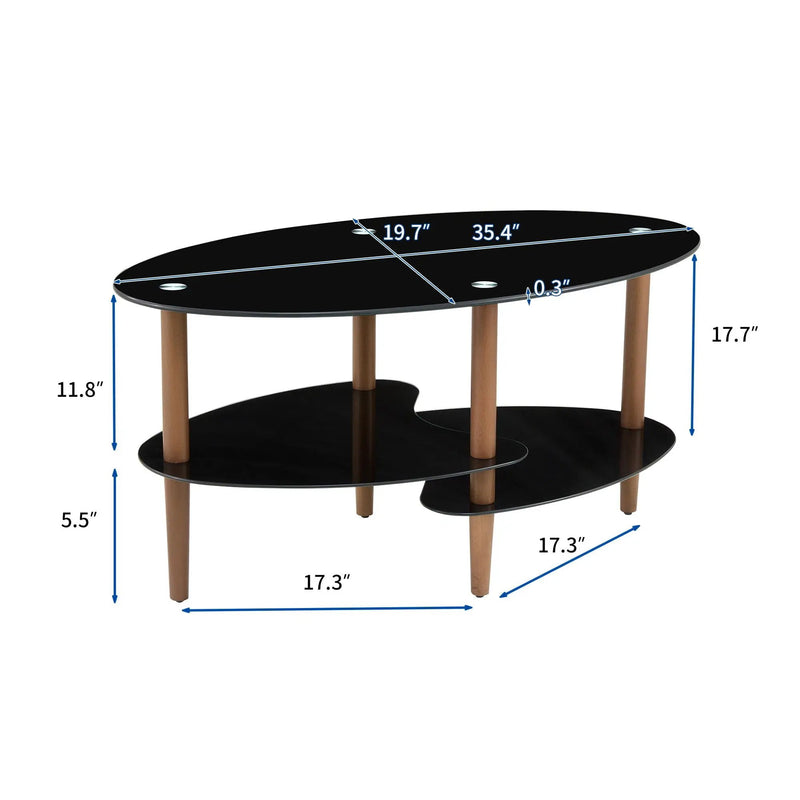 Oval Glass Coffee Table, Modern Table In Living Room Oak Wood Leg Tea Table 3-Layer Tempered Glass Table - Brown / Black by Unique Piece Furniture