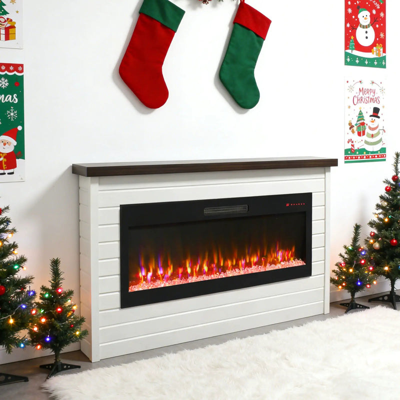 65" Electric Fireplace With Wall Mantel, 50" Fireplace Insert Heater, Remote Control, Timer For Living Room - Antique White by HouseOfZazla