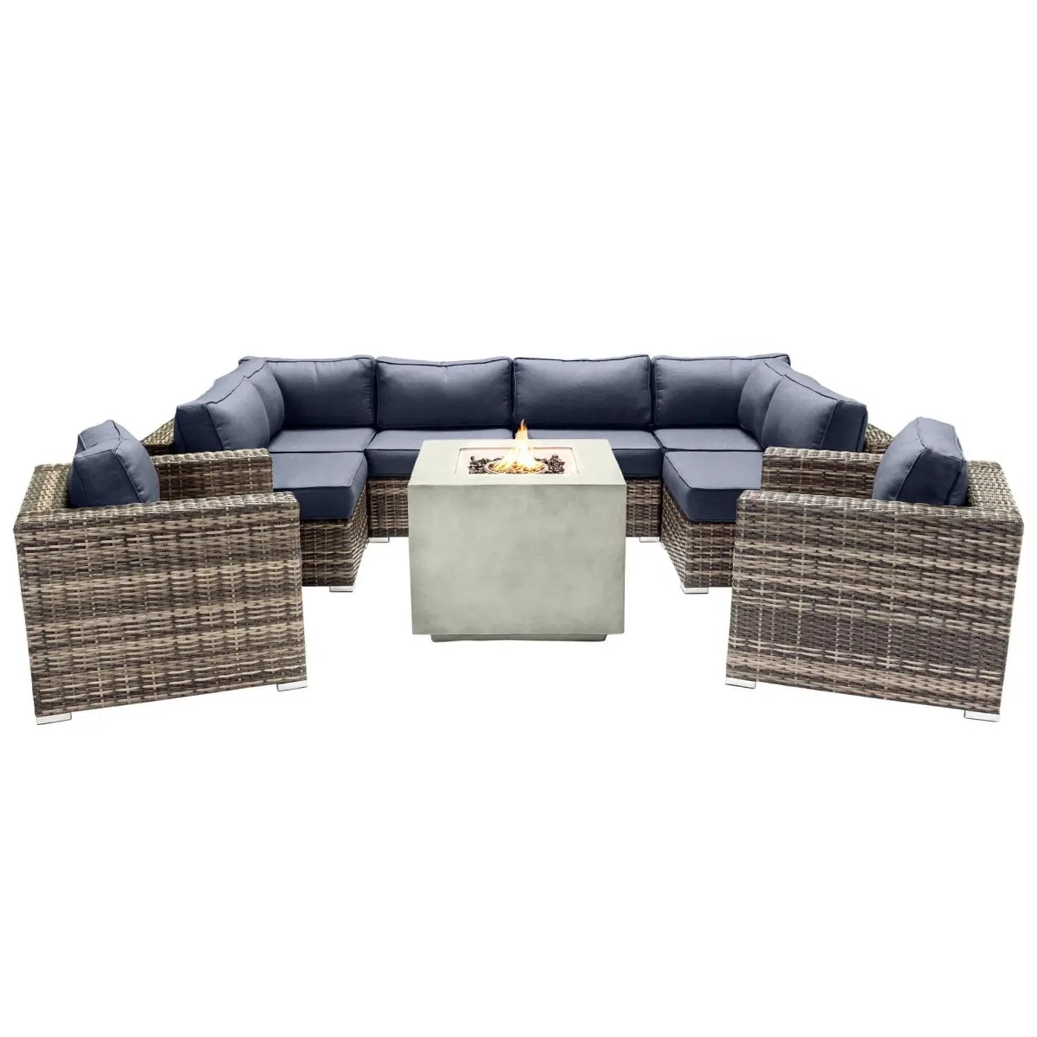 Premium 6 Person Wicker Patio Seating Group With Deep Cushions And Concrete Fire Pit - Gray Mix by Unique Piece Furniture