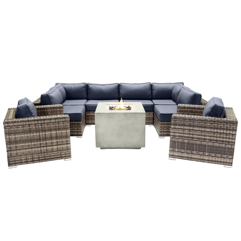 Premium 6 Person Wicker Patio Seating Group With Deep Cushions And Concrete Fire Pit - Gray Mix by Unique Piece Furniture