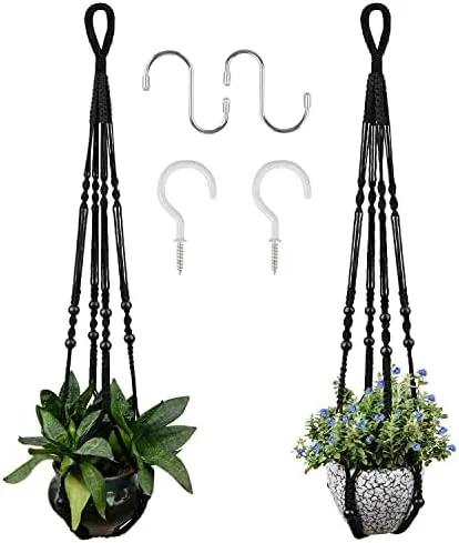 RIFNY Macrame Plant Hanger for 5 to 10 Inch Plant Pots, 35 Inch Woven Rope Hanger Kits with Hooks and Wood Beads, Hanging Planter Basket for Indoor Boho Home Decor (Black, 2 Pack) by GreenHaven Gardens