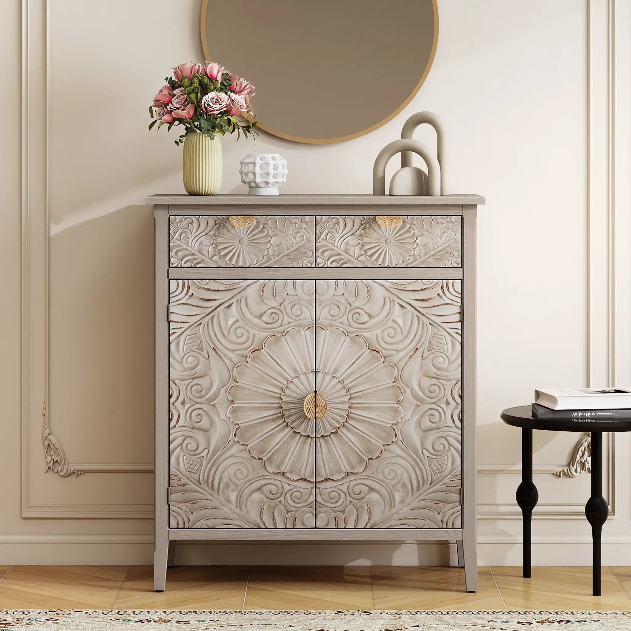 Hand-Carved Accent Cabinet with Drawer and Doors by HouseOfZazla