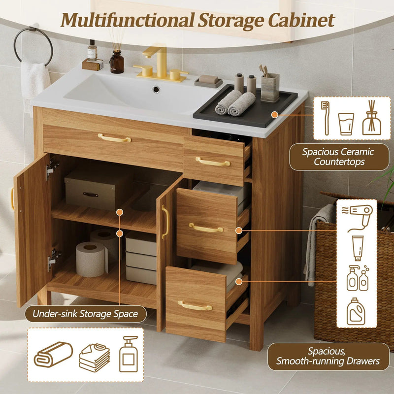 Bathroom Vanity, 2 Soft Close Doors, 3 Soft Close Drawers, Adjustable Shelf - Wood by Unique Piece Furniture