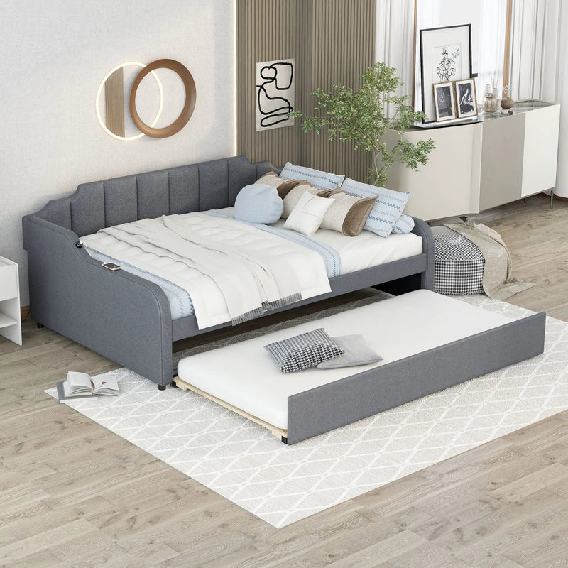 Full Size Upholstered Daybed With Trundle And USB Charging - Gray by Unique Piece Furniture