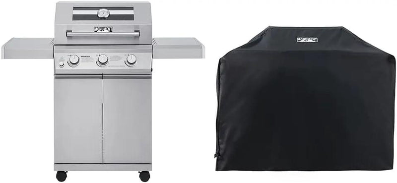 Monument Grills Larger 3-Burner Propane Gas Grills Barbeque Stainless Steel Heavy-Duty Cabinet Style with BBQ Cover (2 Items) by GreenHaven Gardens