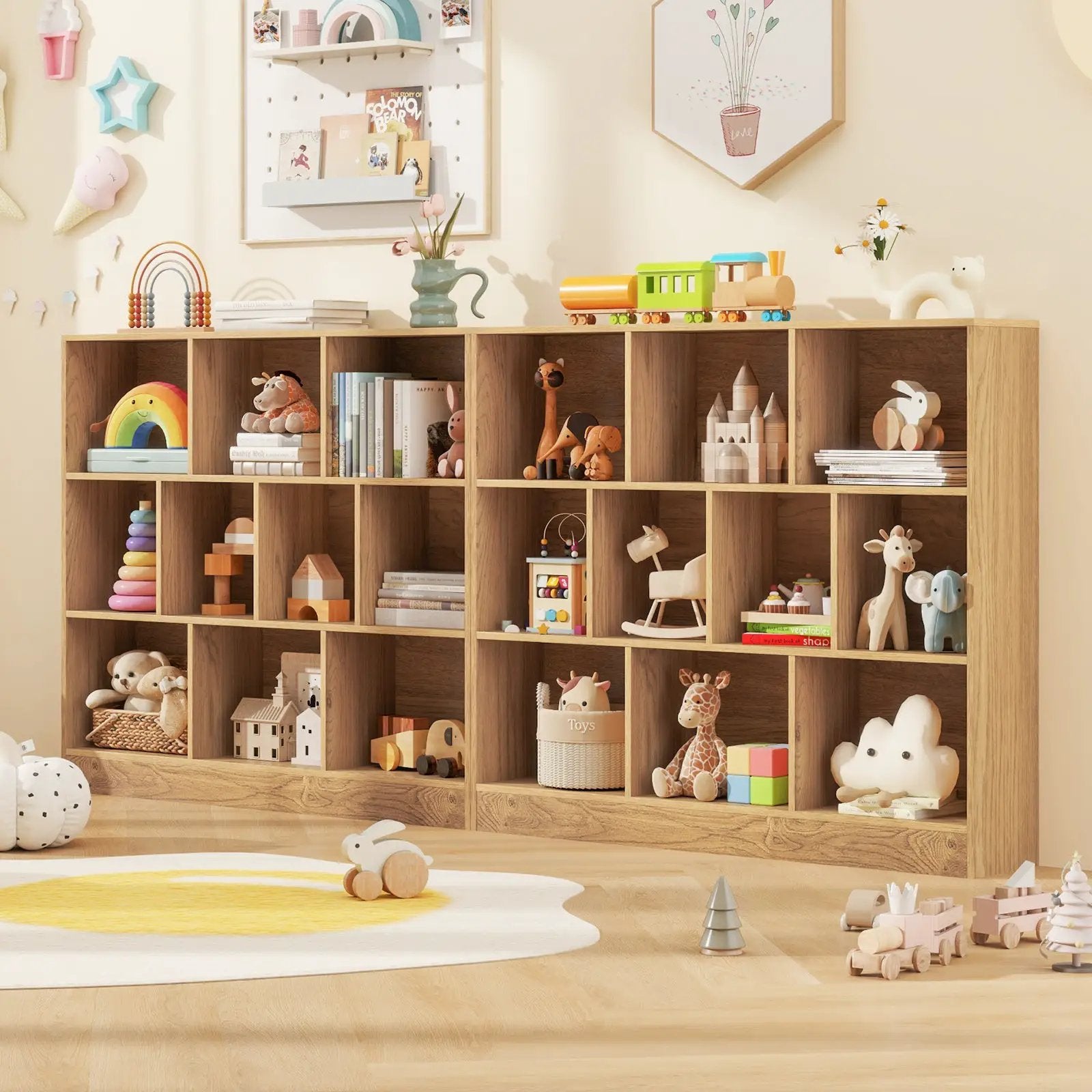 41 inches Wooden Toy Storage Organizer with 10 Cubes for Kids by DirectDeals