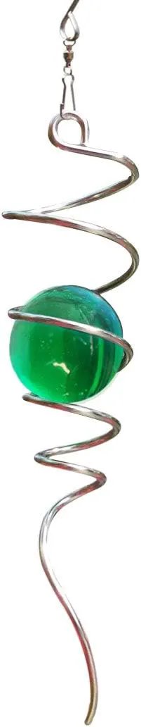 FONMY Gazing Ball Spiral Tail Wind Spinner Stabilizer with Swivel Hook 11inch Stainless Steel Tail and 2 inch Green Glass Orb. Indoor Outdoor Garden Decoration Hanging Ornaments 13 inch Height by GreenHaven Gardens