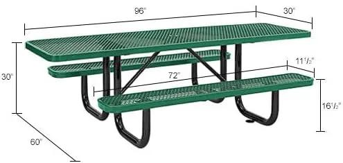 Global Industrial 8'L Rectangular Picnic Table, ADA Compliant, Expanded Metal, Green Thermoplastic Coating, Attached Benches, 1-1/2” Umbrella Pole Hole, Outdoor-Rated by GreenHaven Gardens