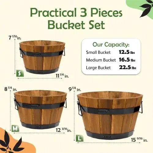IDZO Set of 3 Wooden Upgraded Brown Orange Flower Boxes Outdoor, Durable Acacia Wood Barrel Planters for Outdoor Plants with Ergonomic Handles, Drainage Holes, Multiple Sizes Wood Bucket Planter by GreenHaven Gardens