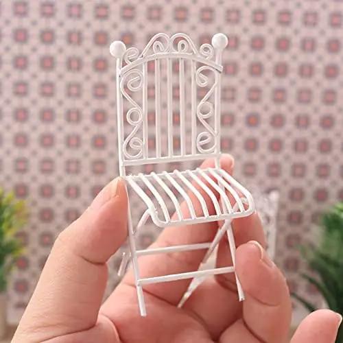 Dollhouse Miniature Bistro Table & Chairs Set Accessories Metal 1:12 Scale Miniatures White Coffee/Tea Furniture Fairy Garden Cute Rustic Elegant Decorations Ornaments (C) by GreenHaven Gardens