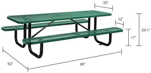 Global Industrial 8’L Rectangular Picnic Table, Expanded Metal, Green Thermoplastic Coating, Attached Benches, 1-1/2” Umbrella Pole Hole, Outdoor-Rated, 1000 lb Capacity, 96” x 30” Tabletop by GreenHaven Gardens