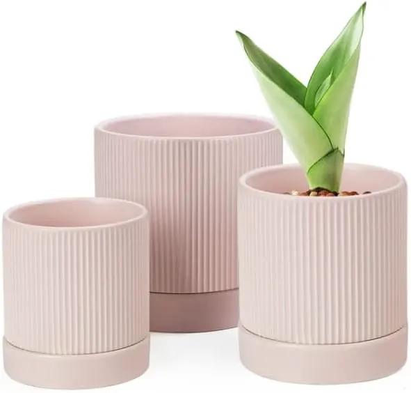 LaDoVita 3 Pack Ceramic Plant Pots 6/5/4 inch, Flowerpot for Indoor Plants with Drainage Holes and Tray, Outdoor Garden Planters, Modern Decorative for Home, Pink Vertical Stripes by GreenHaven Gardens