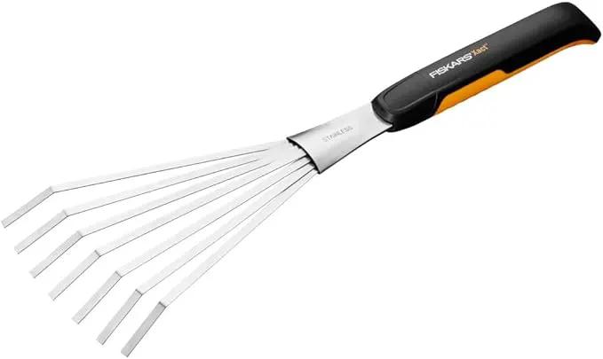 Fiskars Xact Hand Rake, Heavy Duty Gardening Hand Tool with Ergonomic Handle and Hanging Hole for Storage, Stainless Steel Head and Tines, Perfect for Maintaining a Raised Garden Bed by GreenHaven Gardens