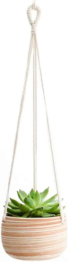 Mkono Ceramic Hanging Planter Macrame Plant Holder 5 Inch Cute Succulent Cactus Pot with Cotton Rope Hanger for Indoor Outdoor Decor, 1 Pack by GreenHaven Gardens