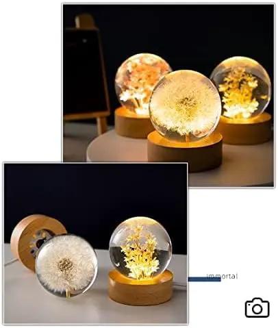 Flower Crystal Ball Night Light,2.4 inch Glass Ball Night Lamp with Woodern Base (Red Daisy) by GreenHaven Gardens