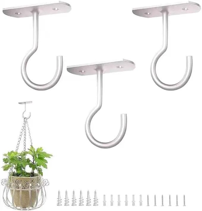 Ceiling Hooks for Hanging Plants-Metal Heavy Duty Wall Mounted Hangers for Hanging Bird Feeders, Planters, Wind Chimes, Include Professional Drywall Anchors (Pure White) 3 Pack by GreenHaven Gardens
